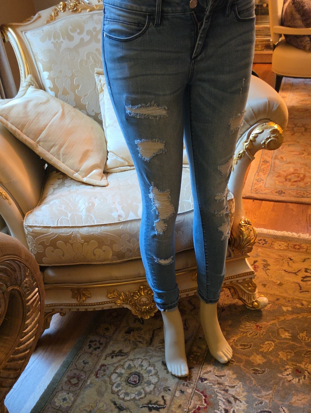 bebe Distressed Skinny Jeans - Light Blue